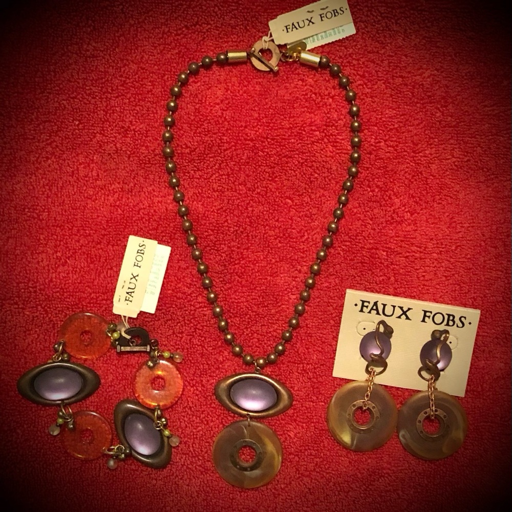 Vintage Faux Fobs Hocus Pocus Purple Orange Necklace Bracelet & Earrings Set